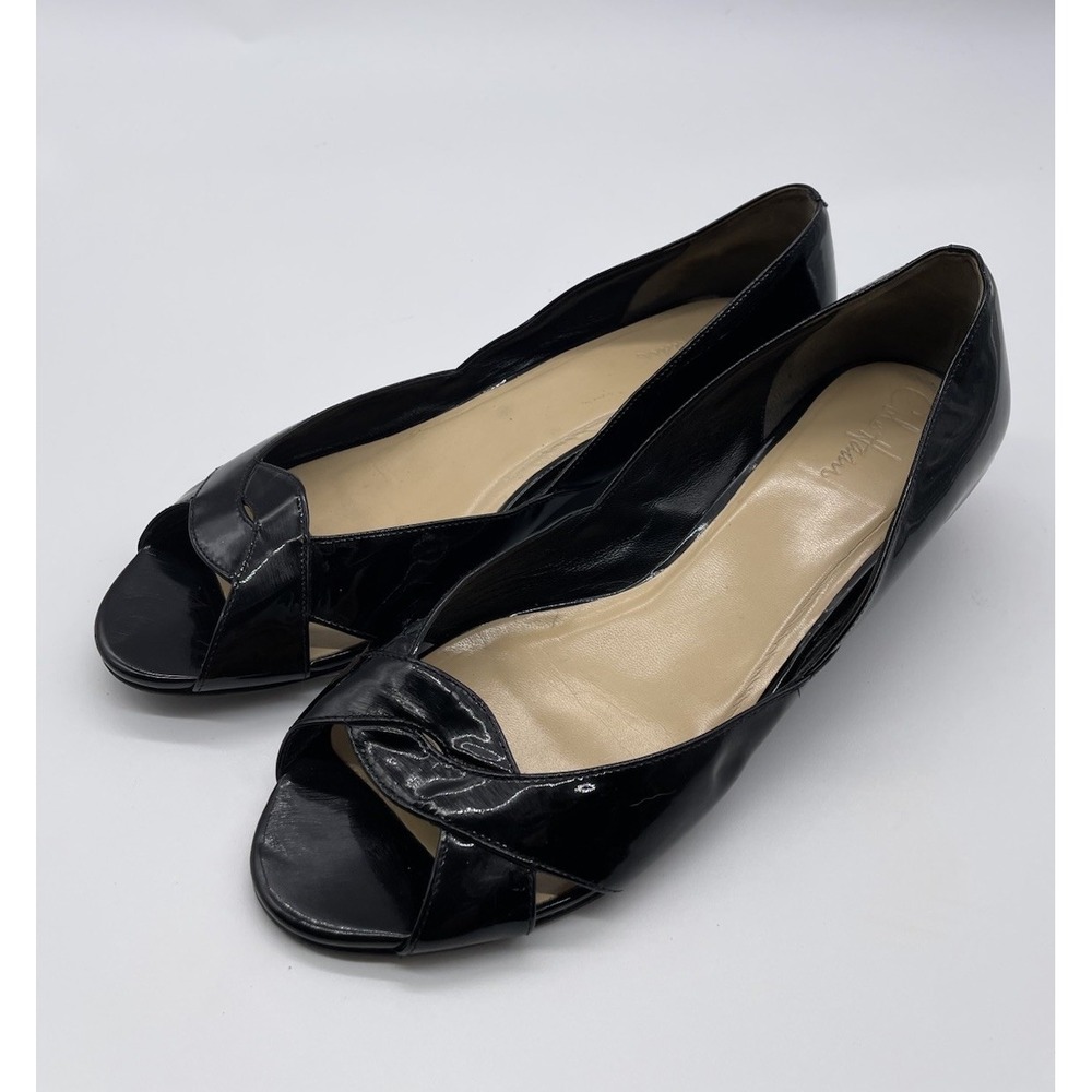 Cole Haan Black Patent Leather Peep-Toe Wedge Flats